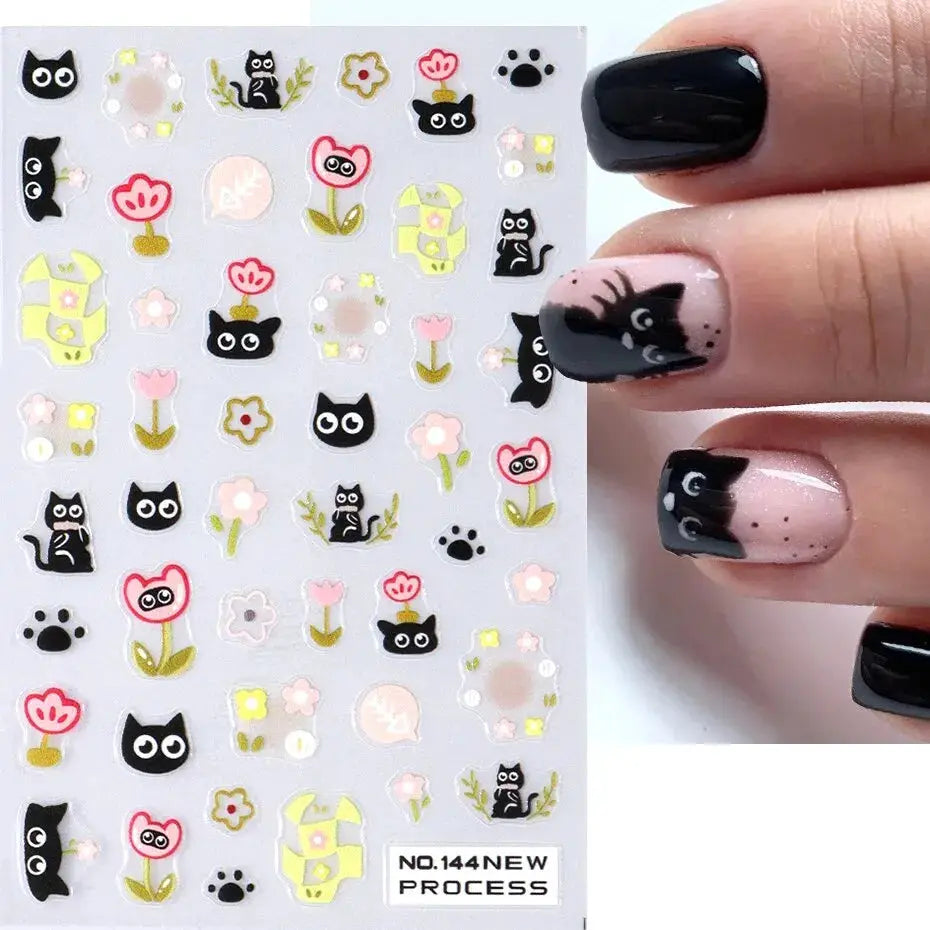 Black cat nail stickers sheet from Simples Market; 2pcs 3D self-adhesive cartoon decals for manicure