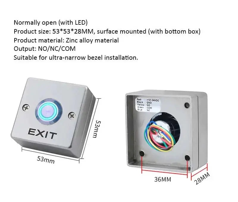 Simples Market door exit release button, zinc alloy panel with blue LED, 53x53x28mm, surface-mounted