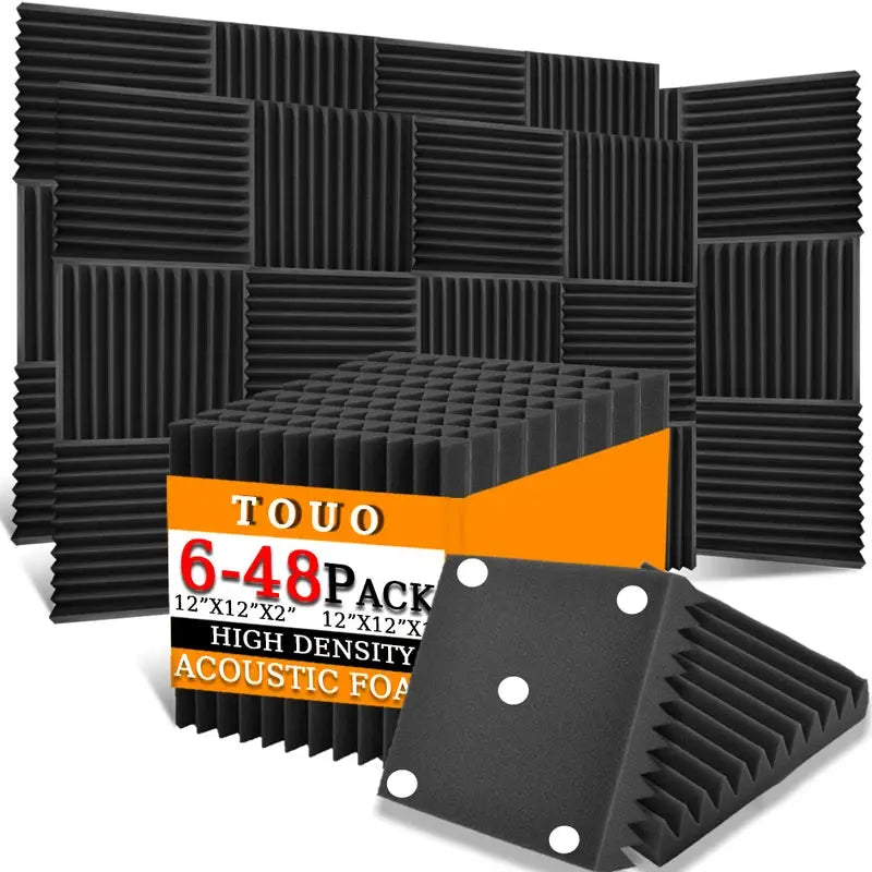 TOUO black high-density acoustic foam panels, 6-48 pack, 12x12x2 inches for studio soundproofing.