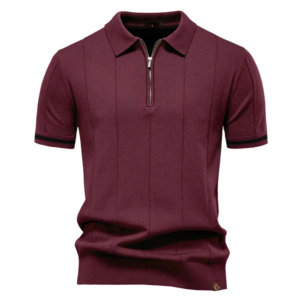 Men's burgundy zip polo shirt, solid color with black-striped cuffs, short sleeves, slim fit