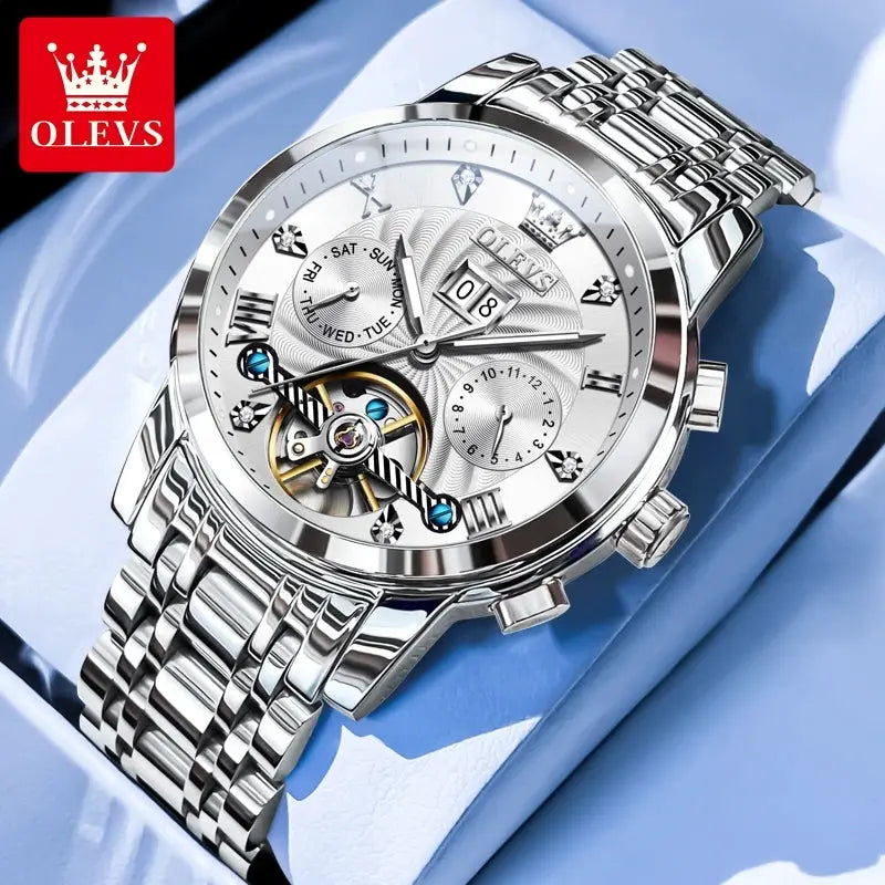 OLEVS 9910 Mens Watch Waterproof Luminous Automatic Mechanical Dual Calendar Date Stainless Steel Band