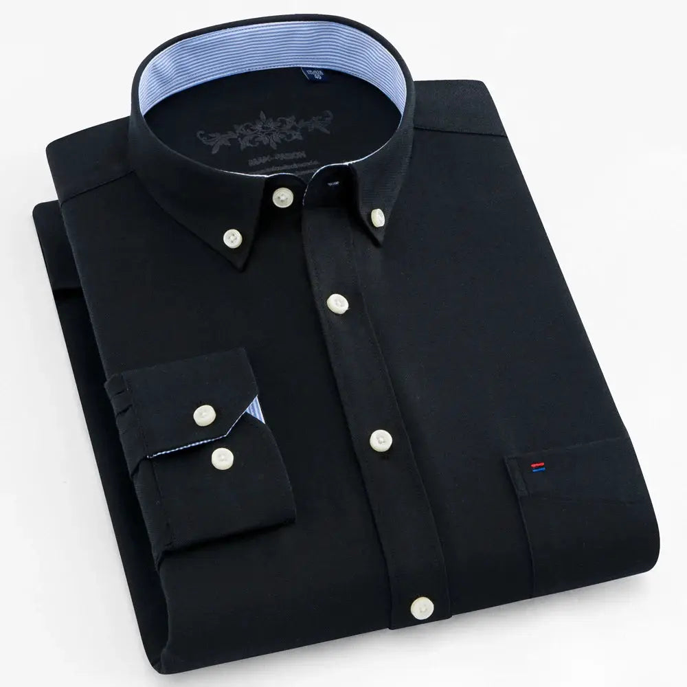 Men's navy long-sleeve oxford shirt with button-down collar and single patch pocket