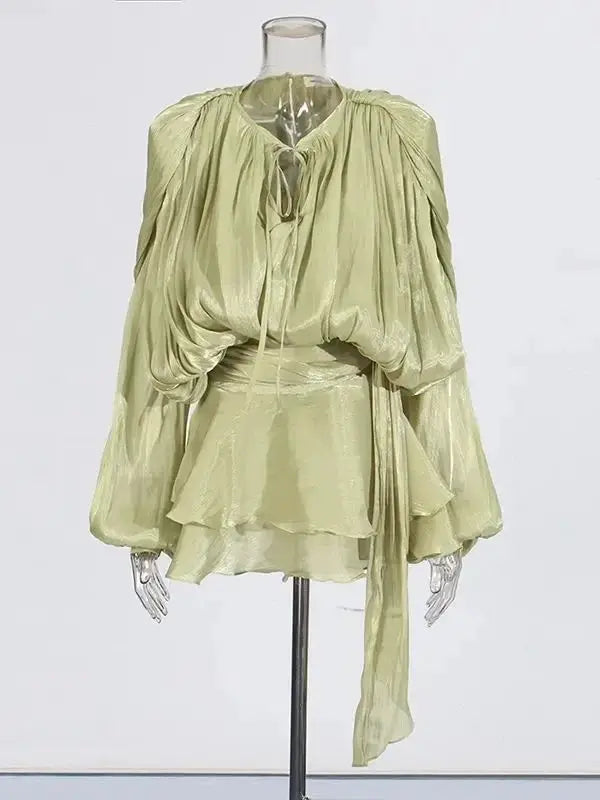 Twotwinstyle Solid Blouse Mini Dress For Women V Neck Long Sleeve Lace