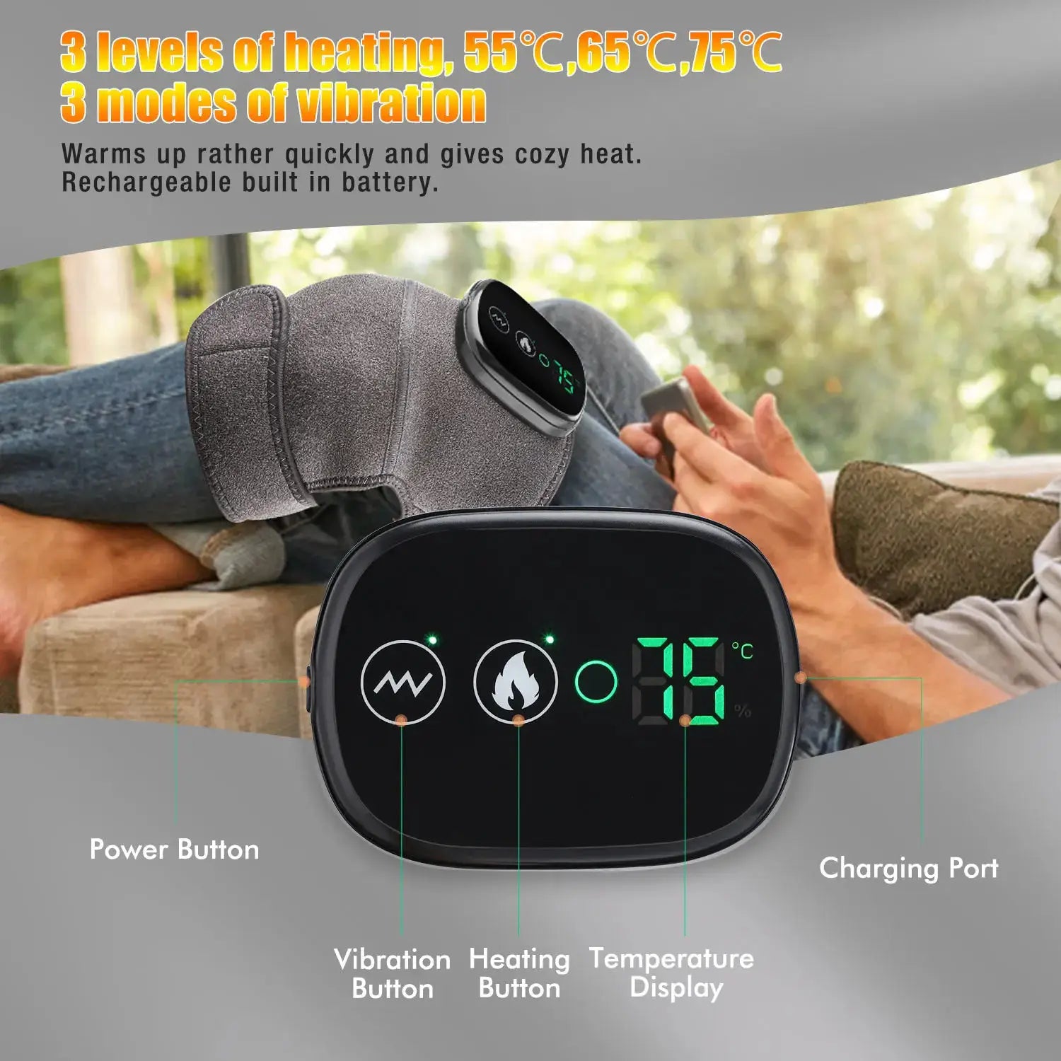 Electric knee massager with heating and vibration, gray fabric wrap and black control panel.