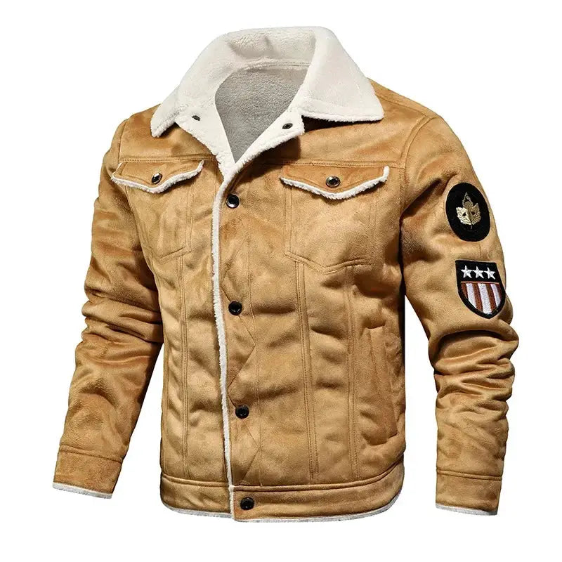 Men's tan leather shearling jacket with white fur collar and sleeve patches