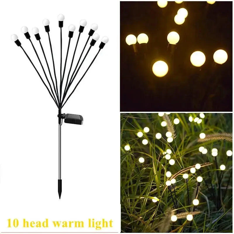 Simples Market 10-head solar lawn lamp with LED warm-white bulbs on a black ground stake