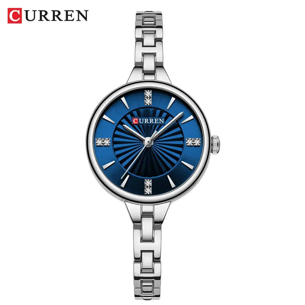 Curren women's quartz watch with stainless steel bracelet, blue dial and crystal markers.