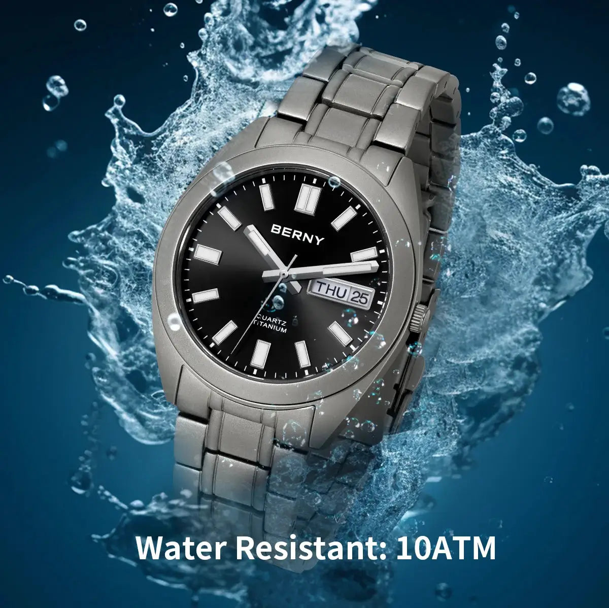 BERNY titanium men's watch with black dial and silver band, 10ATM water resistant