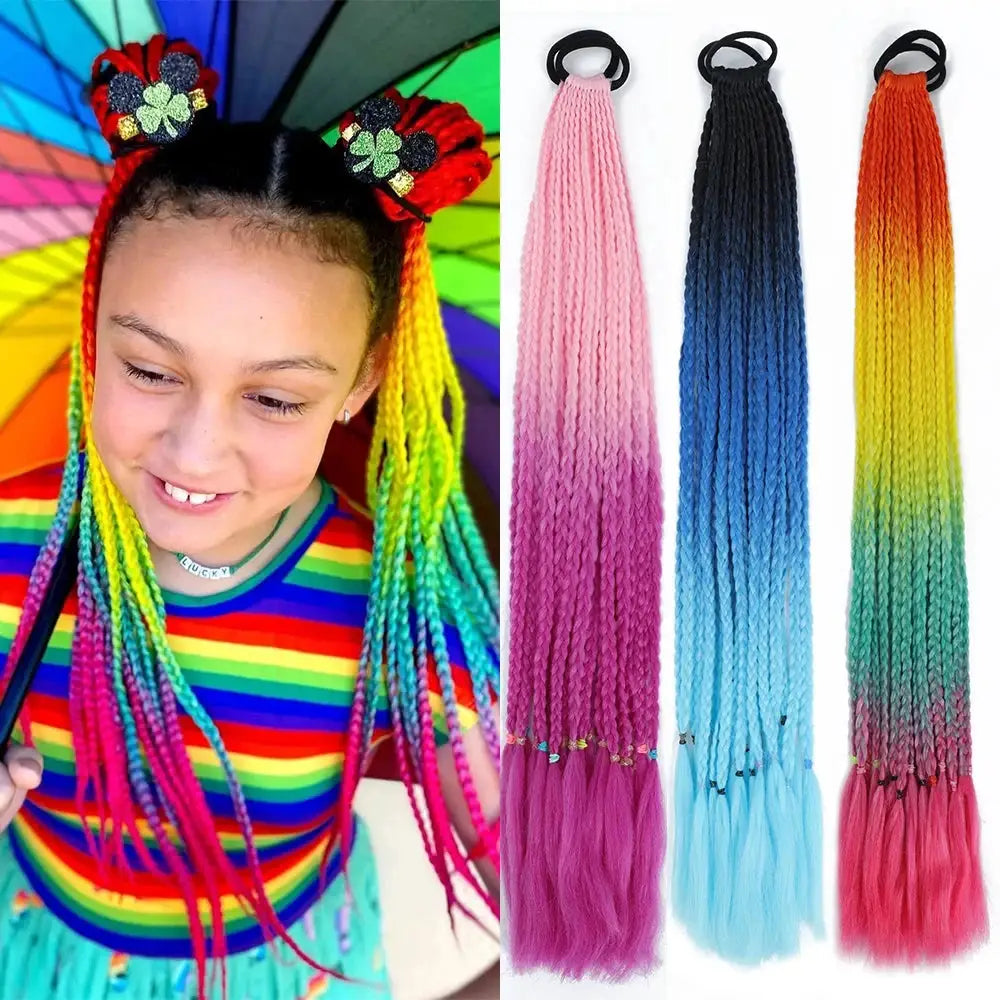 Simples Market three rainbow gradient braided ponytail extensions with elastic bands, 24 inch hairpieces