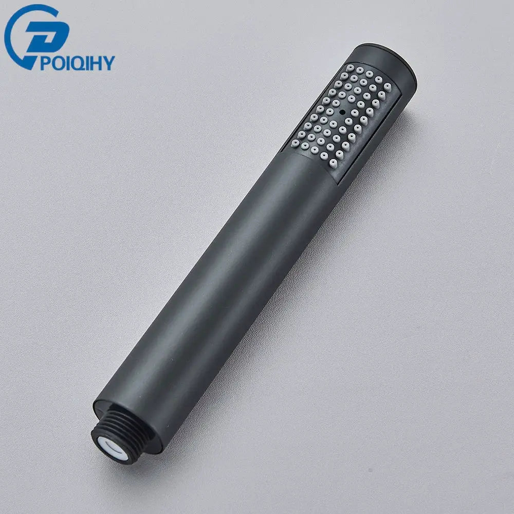 Handheld shower head, black plastic body with silver nozzle grid, Simples Market, single-function