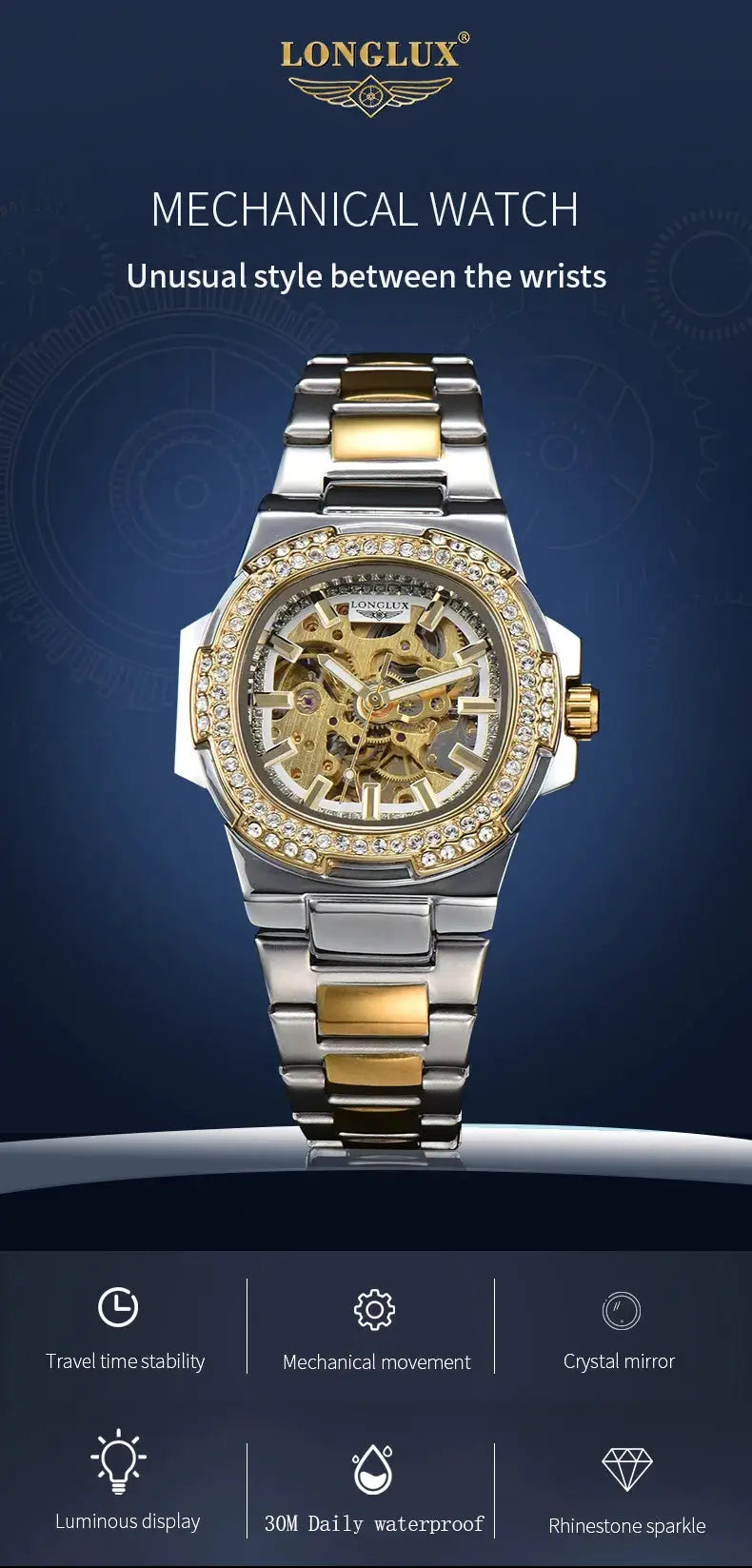 LONGLUX mechanical skeleton men's watch with stainless steel band, gold-tone accents, diamond-studded bezel.