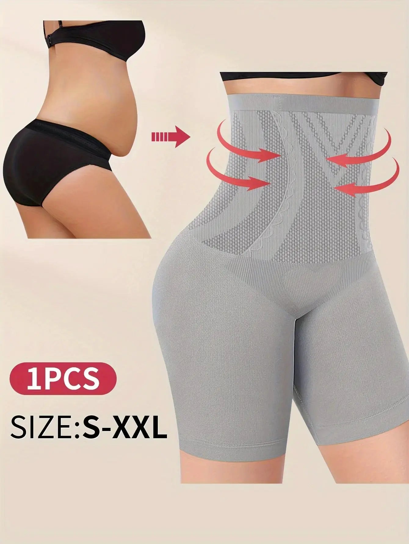 Seamless high-waist tummy-control shapewear shorts in gray, 1pc, size S-XXL