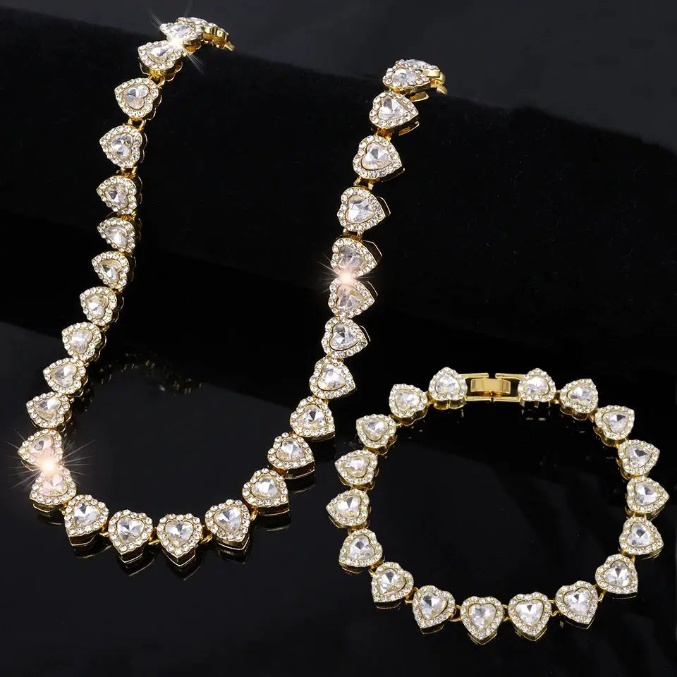 Yupsk 45cm 20cm Shiny Heart Rhinestone Hip Hop Rock Tennis Chain Bracelet Necklace Women Men Trendy Jewelry Set Gift