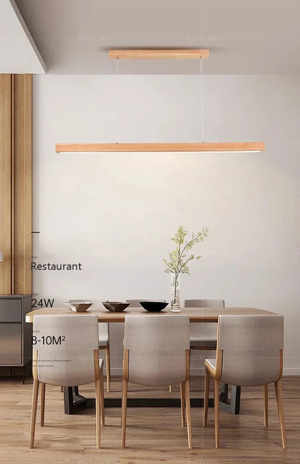 DAMIASMIL LED wooden pendant light, long wood strip chandelier by Simples Market over dining table