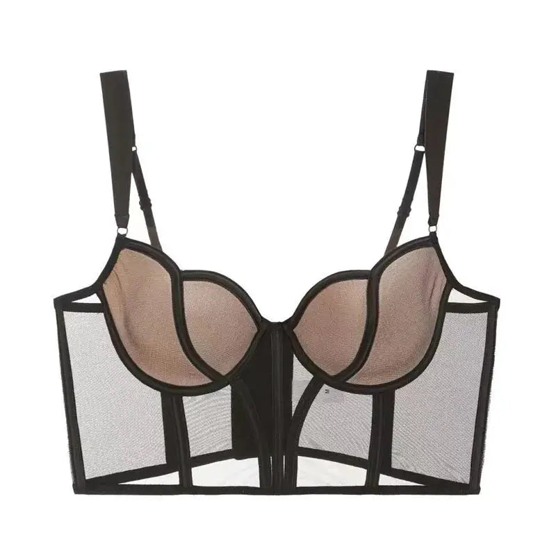 Meet'r women's push-up bra with beige sheer cups and black mesh longline back corset