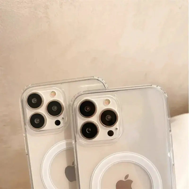 Two clear MagSafe iPhone cases with circular MagSafe rings.