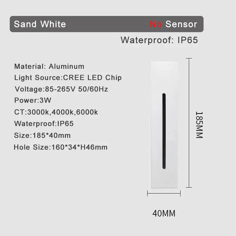 SANDIY wall lamp, sand-white aluminum recessed stair light with IP65 waterproof, 3W CREE LED, 185×40 mm