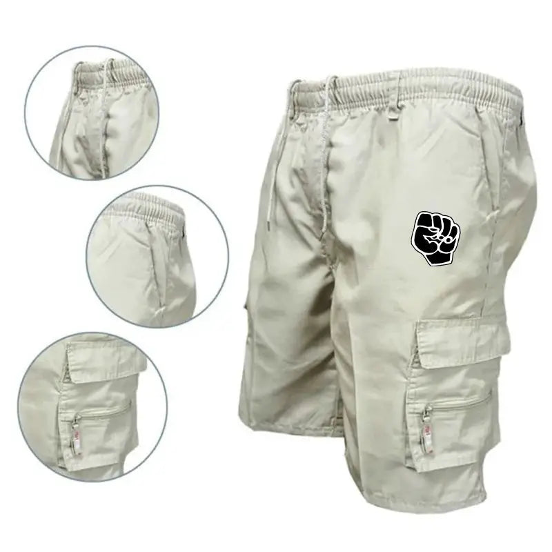 Simples Market beige cotton cargo shorts with multiple pockets and elastic waist, fist logo