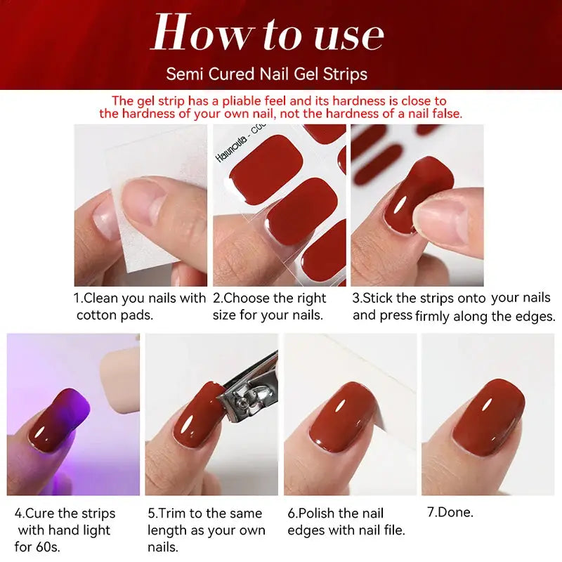 Simples Market Gradient Auroras semi-cured gel nail strips with red gradient, step-by-step usage guide.
