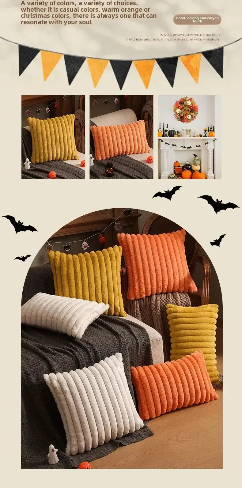 Faux rabbit fur cushion covers; plush striped cushions in yellow, orange, and white for sofa decor