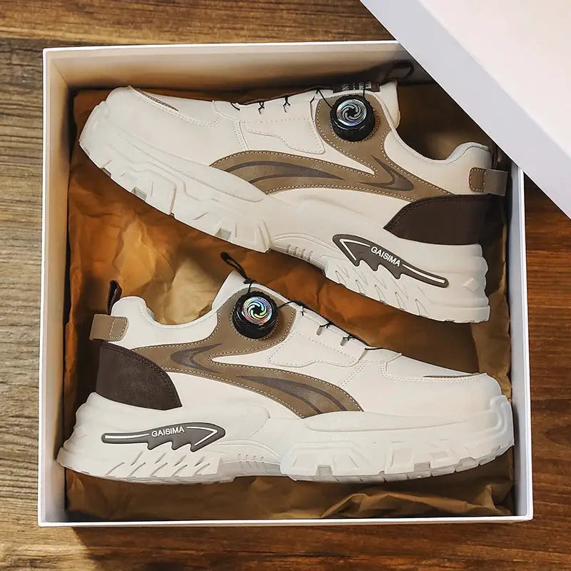 GAISIMA men's high-top running shoes, white with brown accents in box, 2 shoes