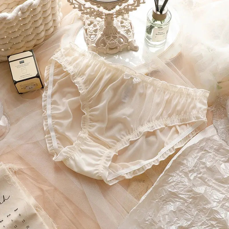 Women's large-size ivory ice silk panties with ruffle trim