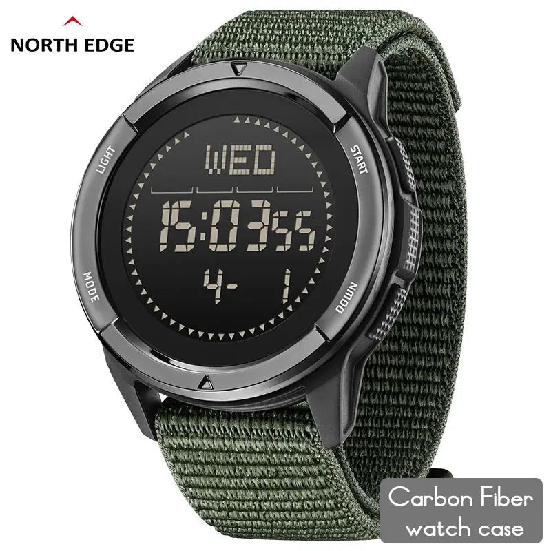 North Edge Alps digital carbon fiber watch with green fabric strap, military-style, 50M water resistant