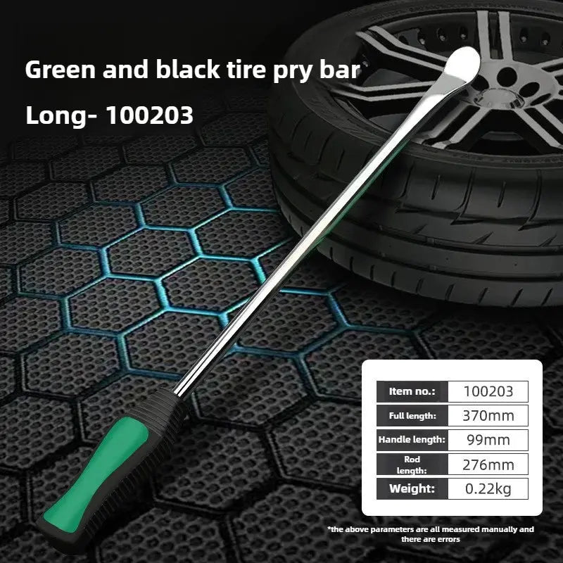 Simples Market tire lever tool, green and black handle, chrome rod, for car and motorcycle tires.