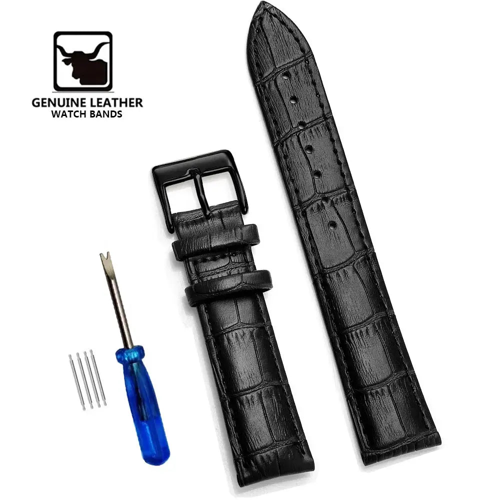 Simples Market genuine leather watch bands; two black crocodile-embossed straps in 12-24 mm widths with buckle, tool and pins