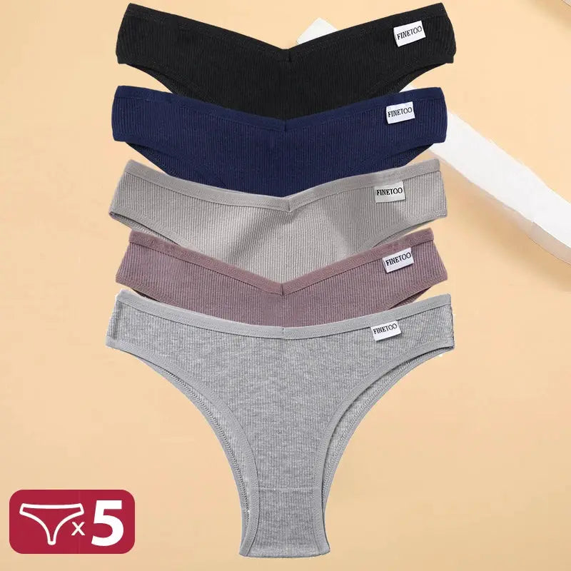Panties 5-pack: cotton women’s briefs in black, navy, gray, mauve, and light gray with FINETOO tags.