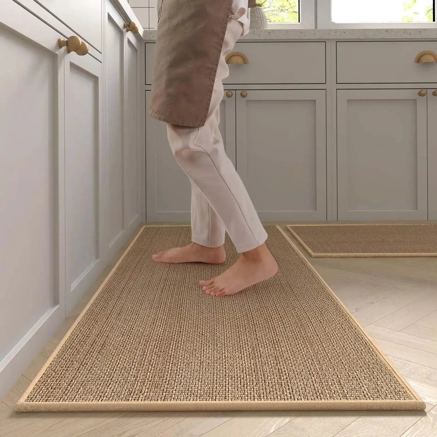 Simples Market kitchen rug runner, washable non-slip, faux sisal texture, rubber backing, beige