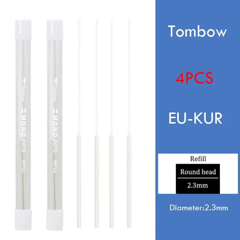 Tombow MONO Zero precision eraser pen set, 4 pieces, white/clear barrels with refill leads, 2.3mm diameter