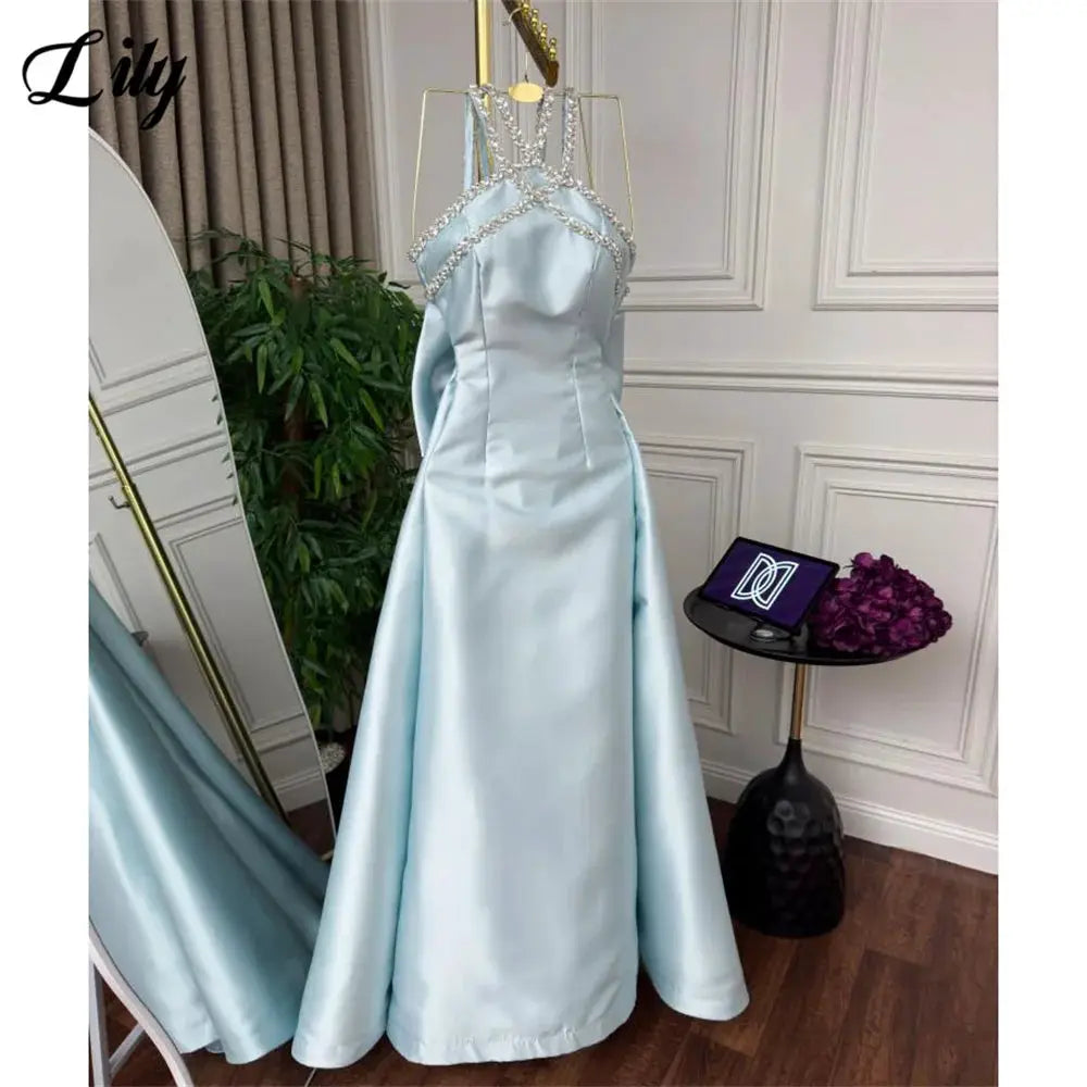 Lily Light Blue Prom Dress With Shiny Beading Halter Detachable Train