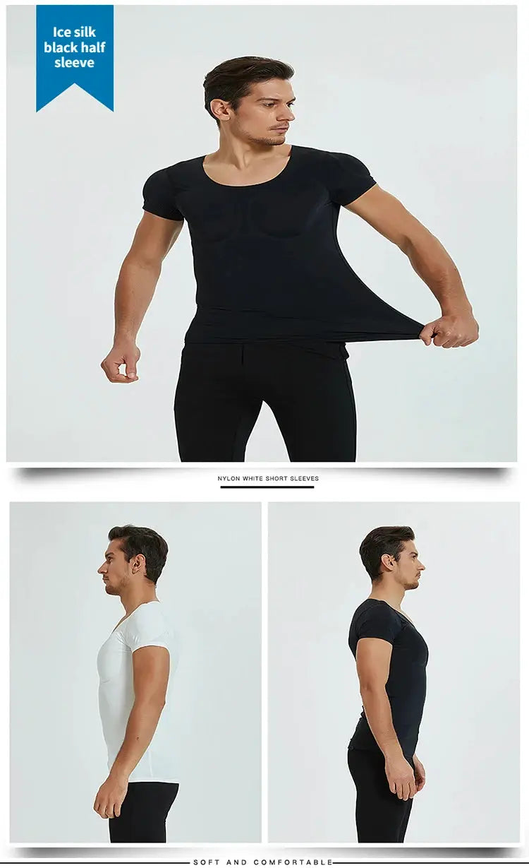 Simples Market 3D fake-muscle T-shirt undershirt set; black and white short-sleeve tops with chest padding