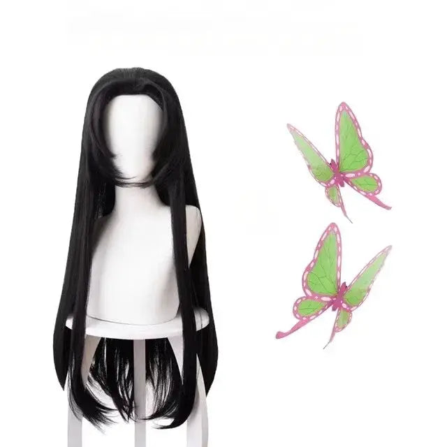 Kochou Kanae wig by Simples Market, long black heat-resistant synthetic cosplay hair with butterfly accents