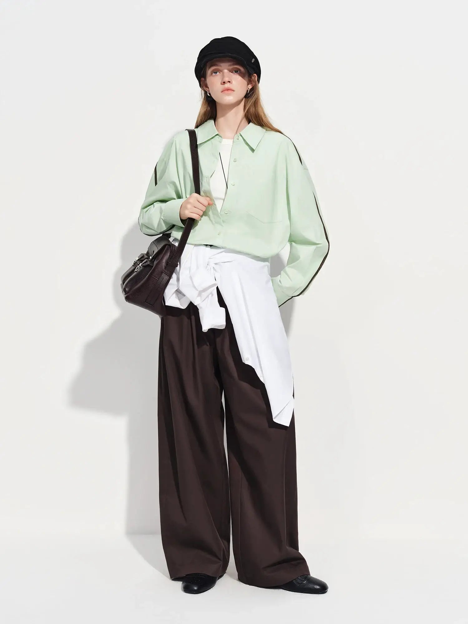 FSLE Premium Series women's loose-fit cotton shirt, mint green, long sleeves with web strap detail — Simples Market