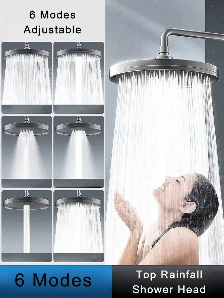 230mm panel rainfall showerhead with 6 adjustable modes in chrome finish