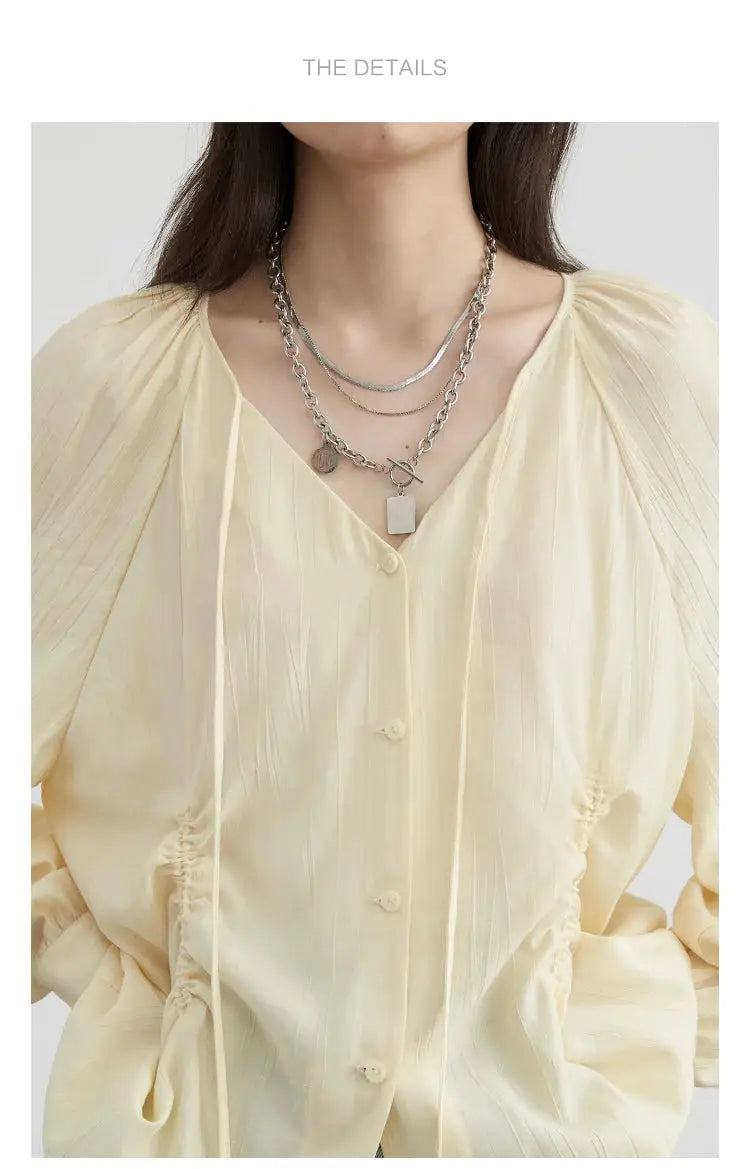 CHIC VEN cream-yellow loose blouse with pleated front, long sleeves, ruched sides