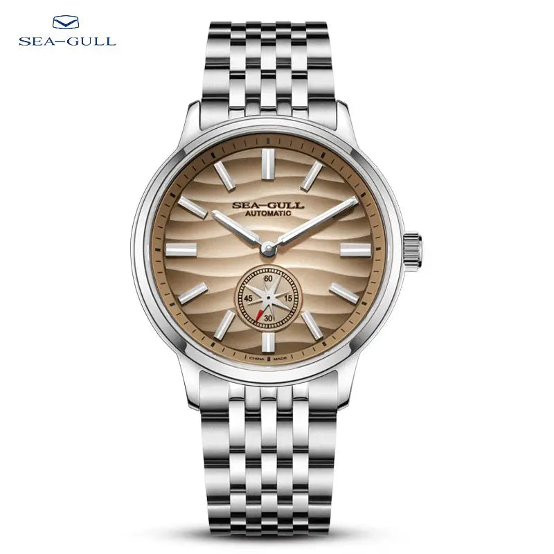 Sea-Gull men's automatic wristwatch with beige dial, stainless steel bracelet, sub-dial, luminous markers