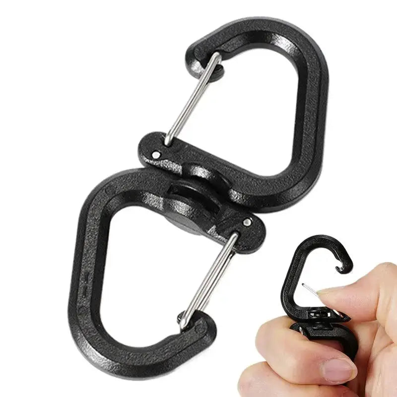 Two-piece double-clip carabiner set, black metal with locking hooks and 360-degree swivel