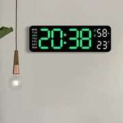 9 Inch Large Digital Wall Clock with green LED display, USB powered; shows time, weekday, humidity 58%, temp 23°C