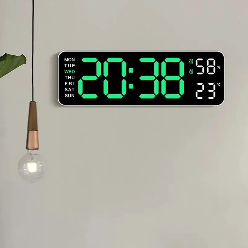9 Inch Large Digital Wall Clock with green LED display, USB powered; shows time, weekday, humidity 58%, temp 23°C