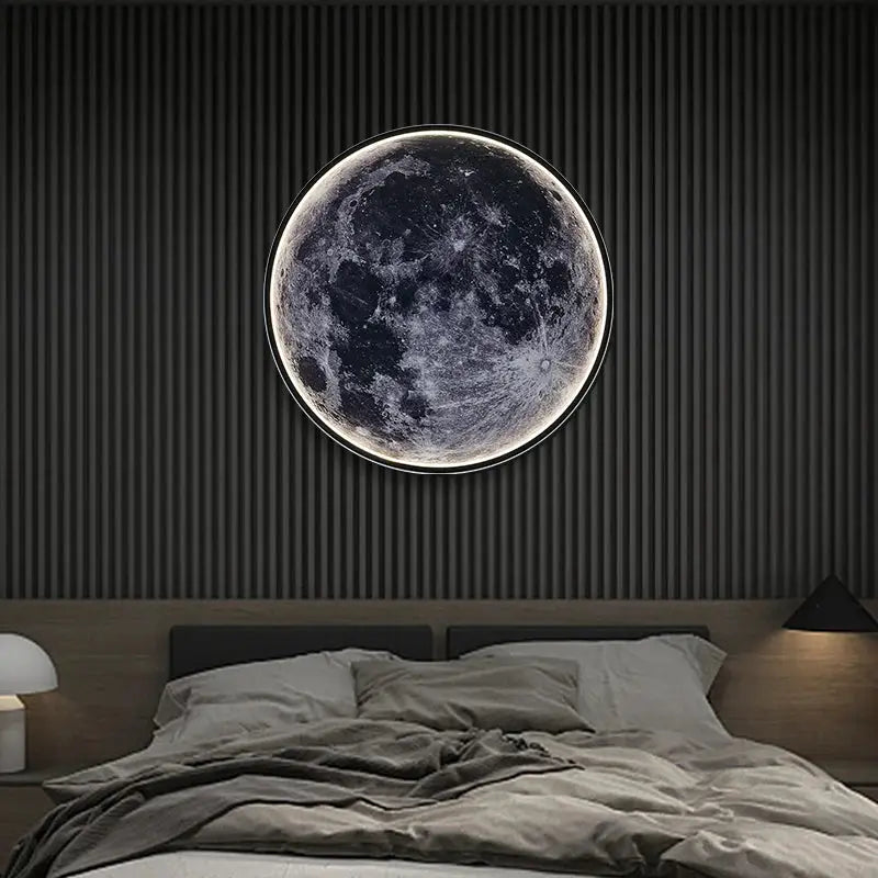 LED Moon Wall Lamp, circular wall light with a soft rim glow for modern bedroom decor