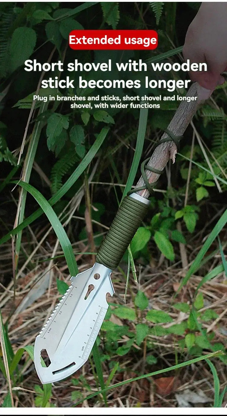 Sappers shovel with stainless steel blade and green-wrapped handle, compact outdoor digging tool.