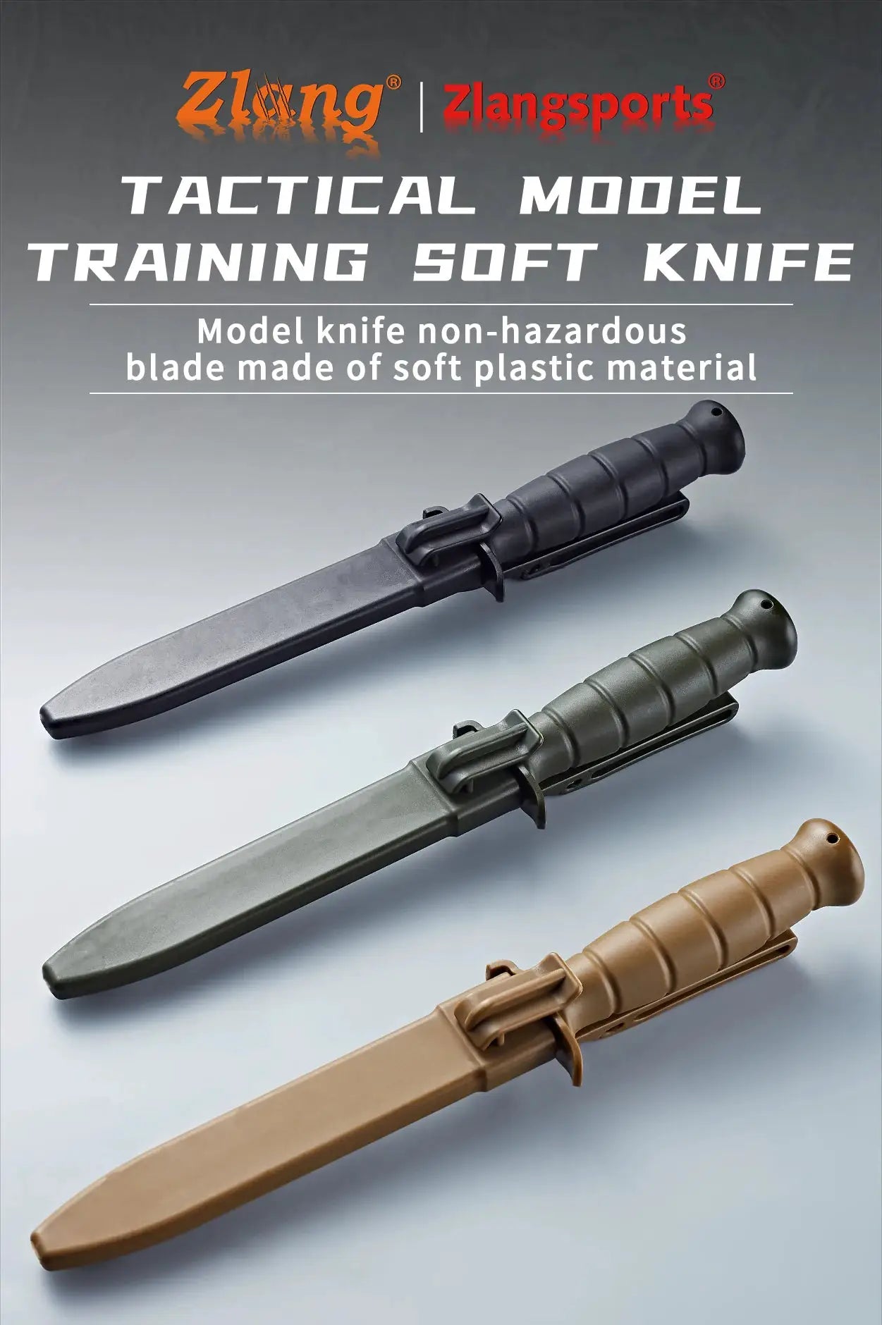 Zlang training fixed-blade rubber knife set with ABS handles; four color variants: black, green, gray, tan