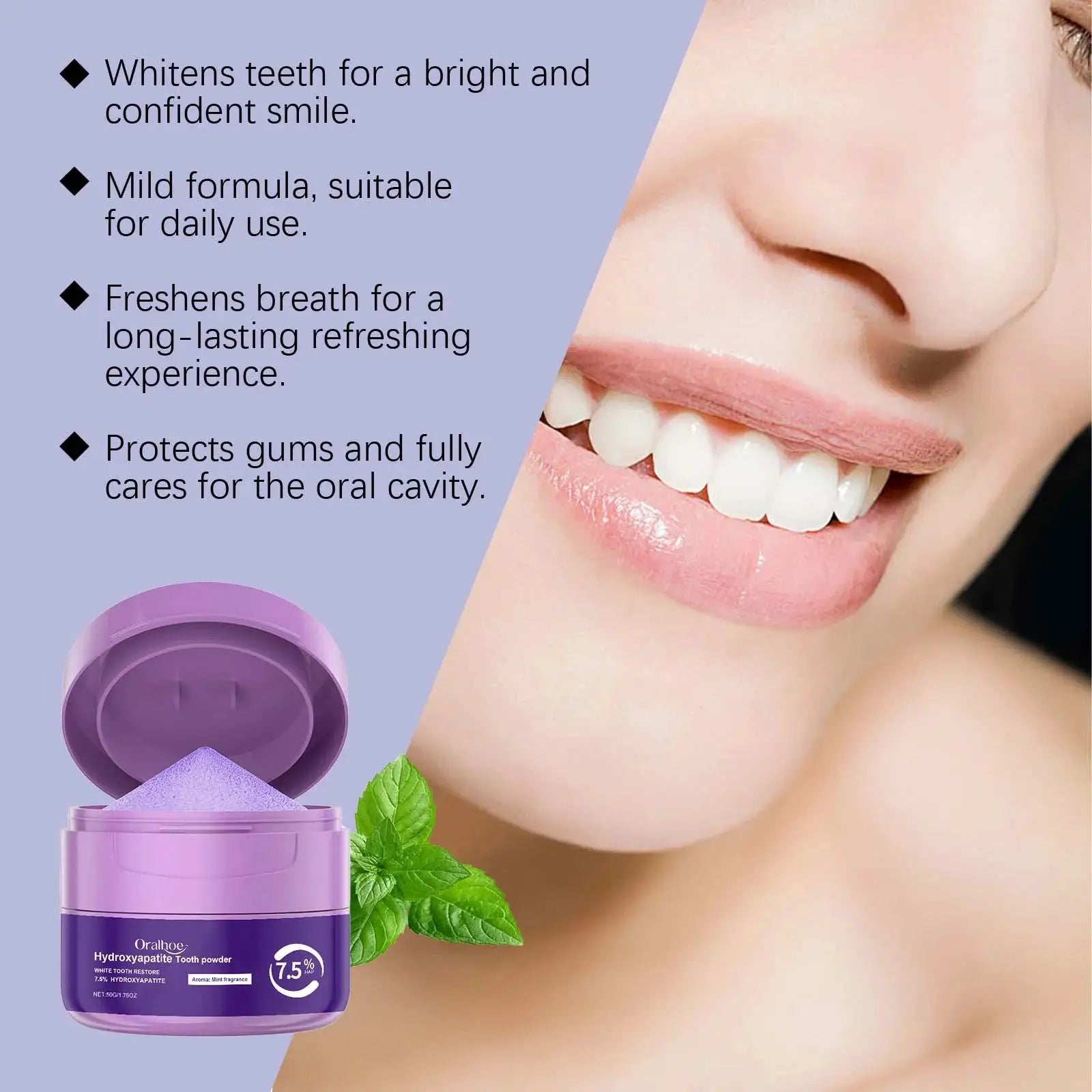 Whitening Tooth Powder by Simples Market; purple jar with mint leaves beside a smiling person.
