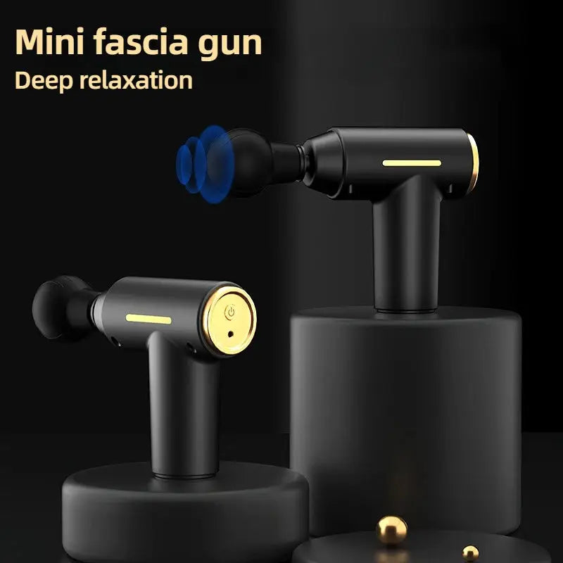 Two portable mini muscle massage guns by Simples Market in black with gold accents