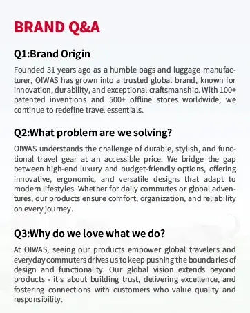 Brand Q&A page with sections on Brand Origin, problems solved, and why they do what they do.