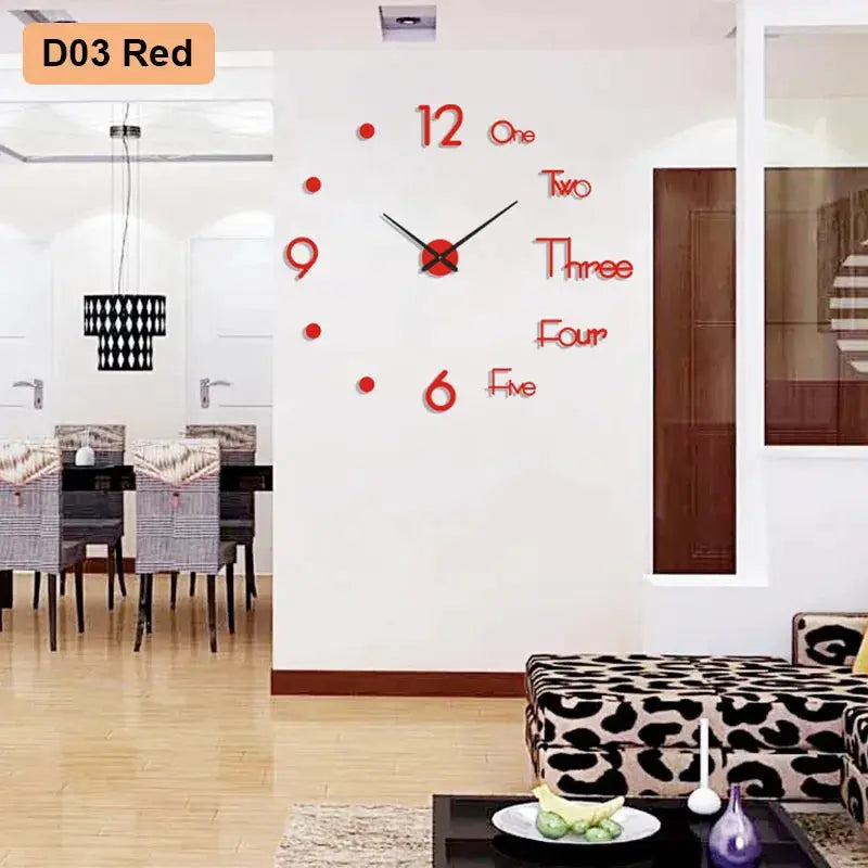 Soundless 90–120cm 3D red-number wall clock poster for living room decor