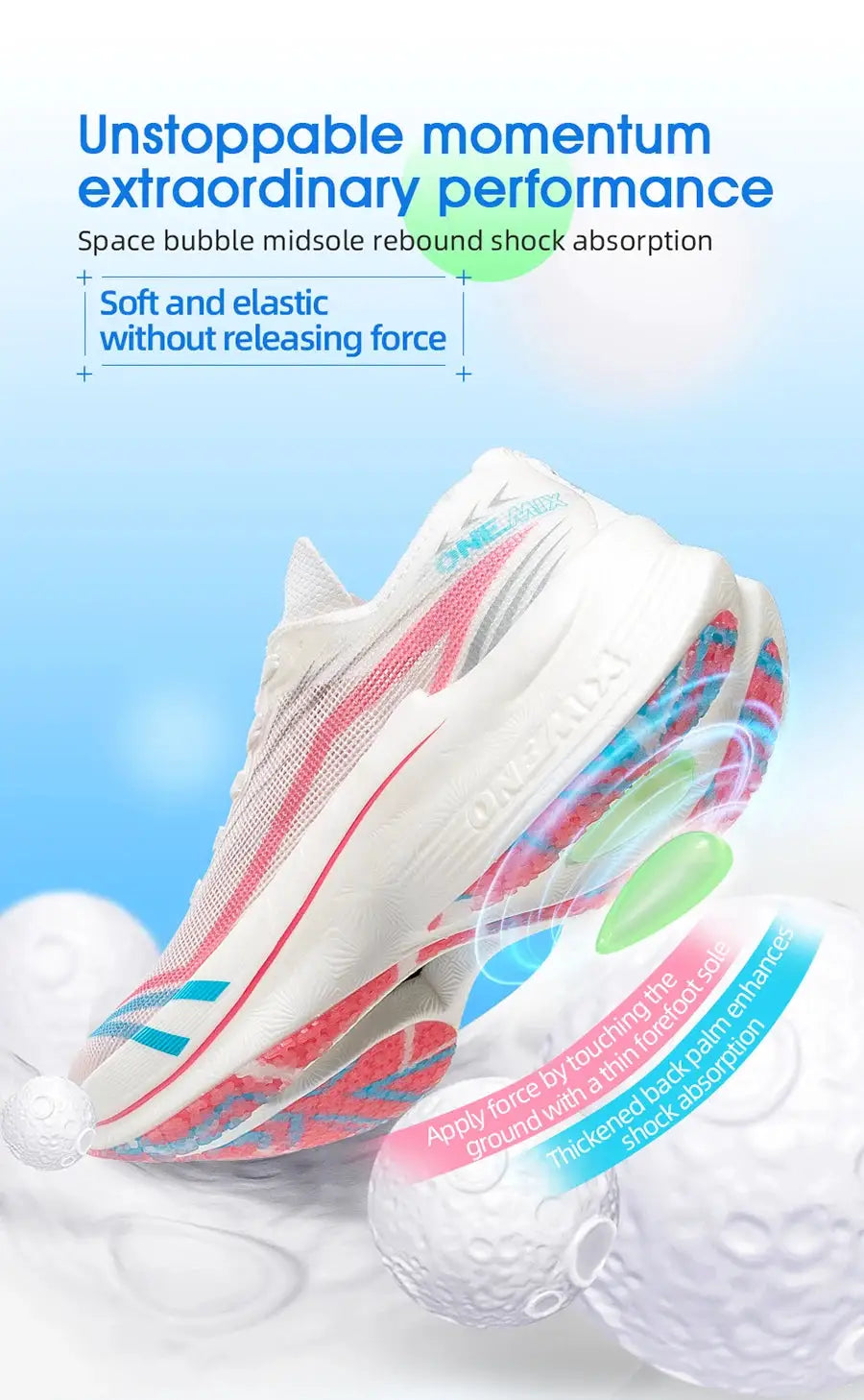 ONEMIX white carbon-plate marathon running shoe with pink accents and blue branding.